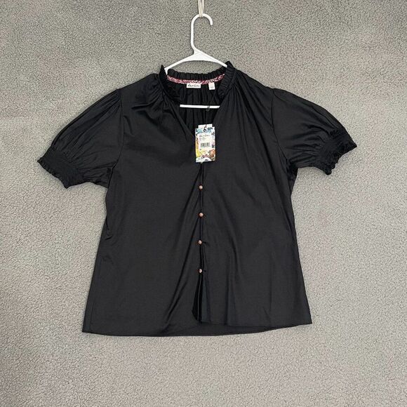Robert Graham Mila Blouse Women L Black‎ Puff Sleeve Button Front NEW - Picture 1 of 13